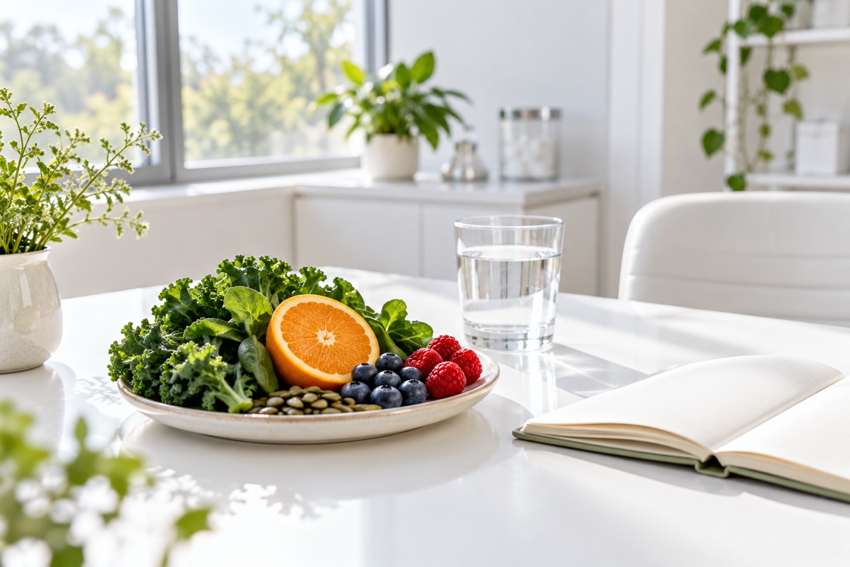 Imagem ilustrativa de alimentos frescos em um ambiente de consulta