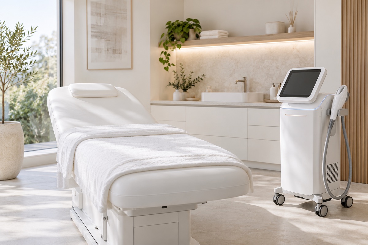 Imagem ilustrativa de uma sala clara com tecnologia dermatológica